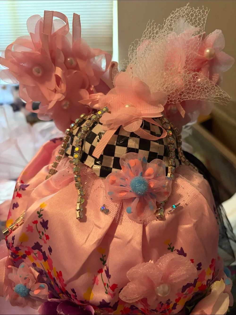 Pink Floral Decorative Faux Floral Accent with Pearl and Tulle Details